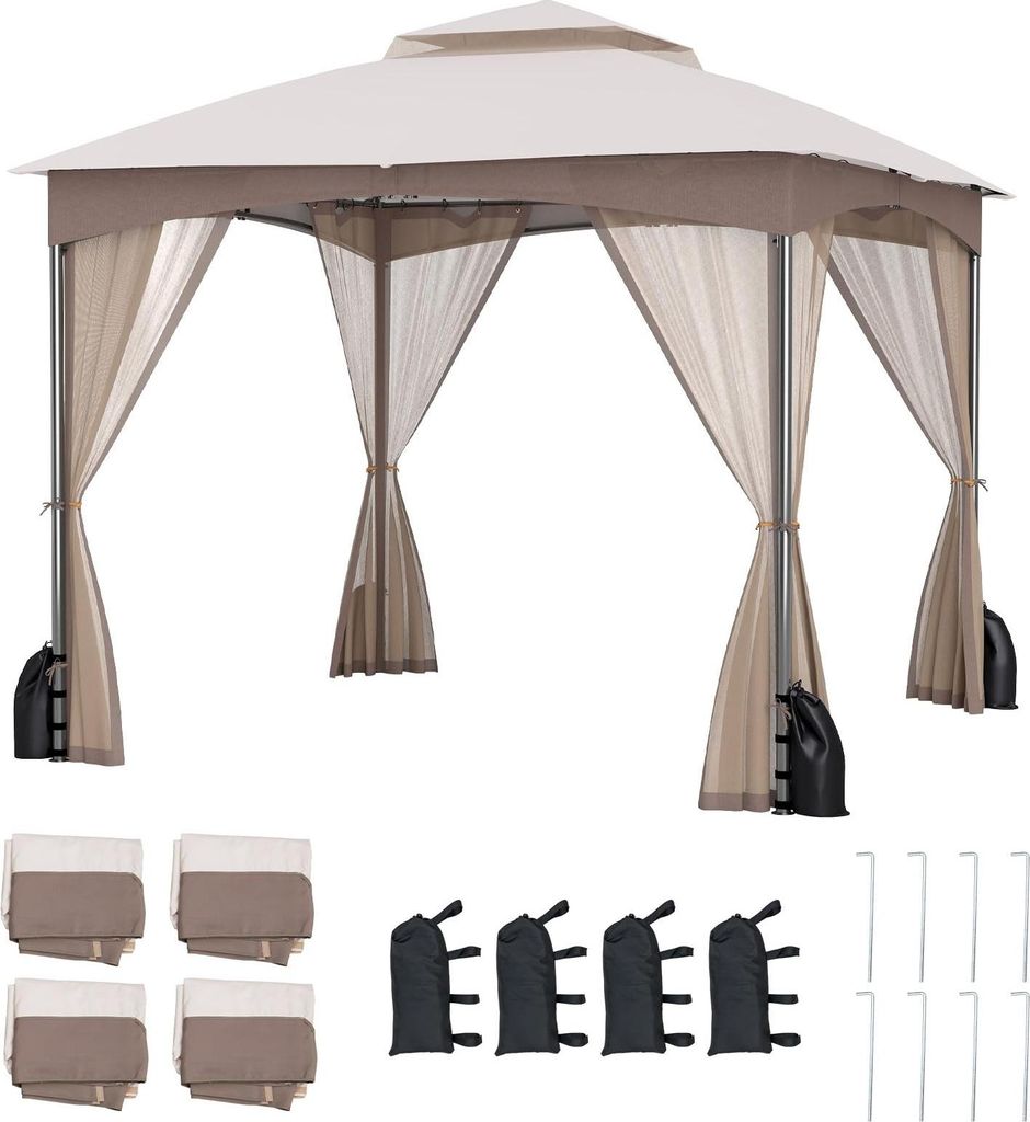 GOPLUS 3 m x 3 m Pavillon, Gartenpavillon mit Doppeldach, Netzseitenwänden, 4 Sandsäcken & 8 Erdnägeln, Pavillonzelt für Terrassen & Rasen (Khaki)