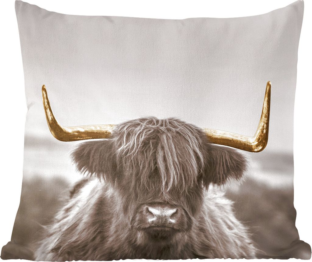 MuchoWow Zierkissen Sofakissen Wohnzimmer Dekokissen 45x45 cm Schottisches Hochlandrind - Gold - Hoorn - Schlafpolster - Polster für das Sofa