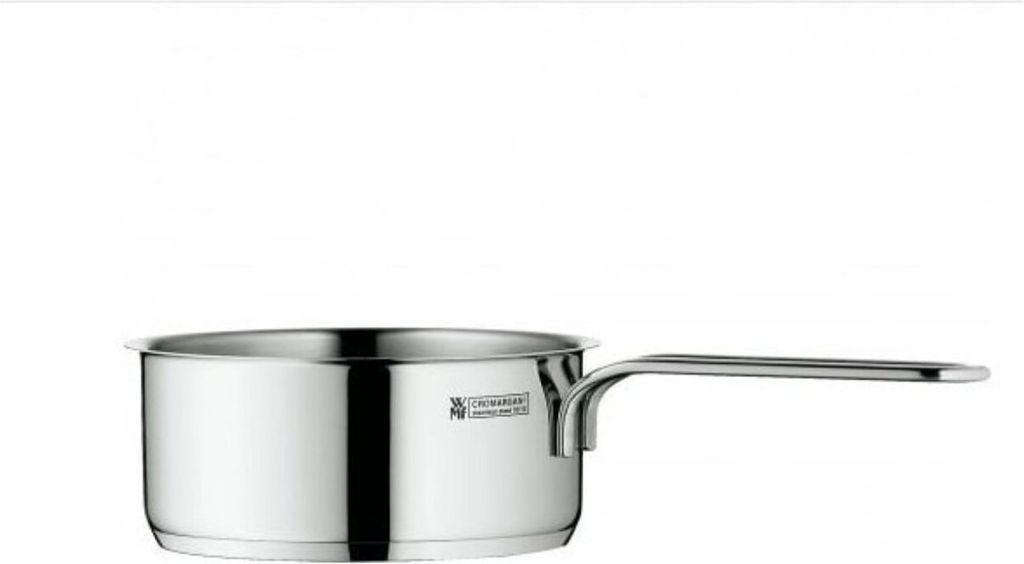 A stainless steel saucepan with a long handle is shown against a white background.