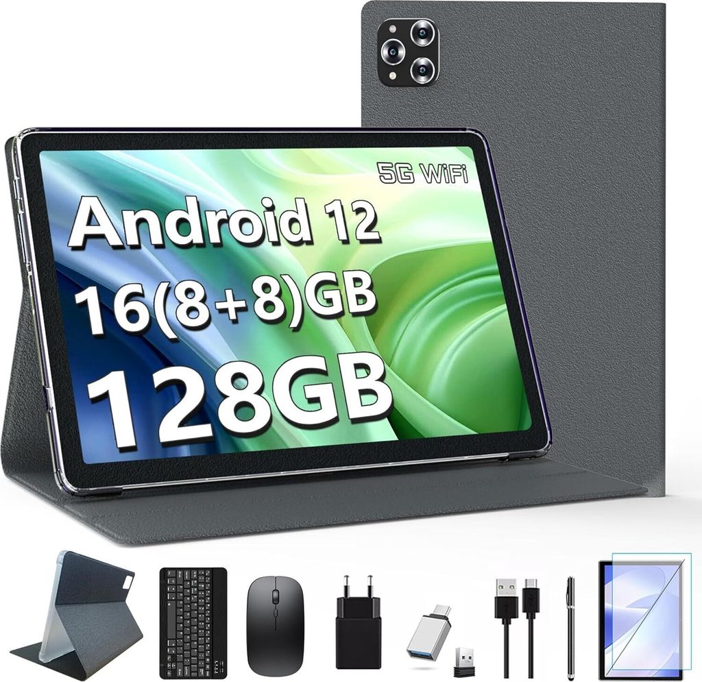 A tablet with its accessories laid out, presented in a marketing-style image.