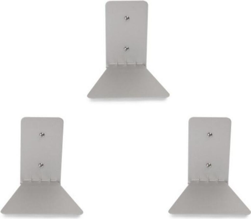 Three identical metal shelves are arranged in a triangular formation against a white background.