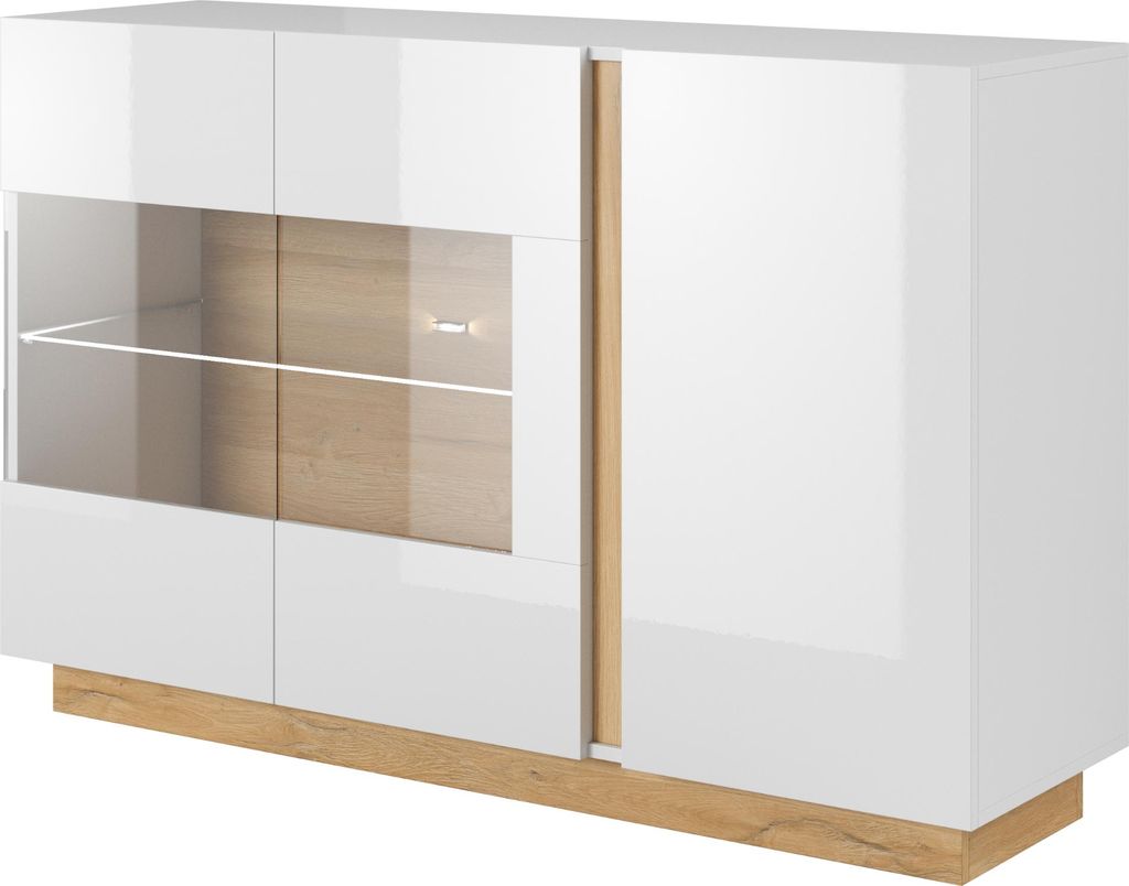 Kommode ANDEBU KOM1 - Eiche - Weiß Matt und Glanz - Verglast - Breite 96 cm, Höhe 82 cm, Tiefe 40 cm