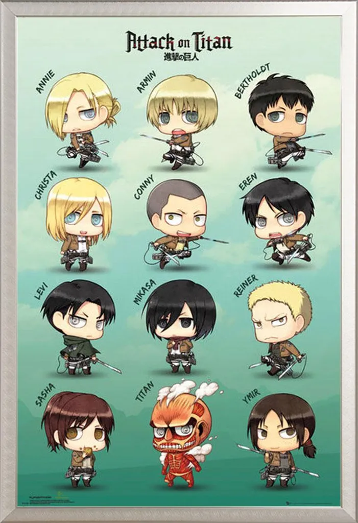 Décoration Murale Attack on Titan Chibi : Poster avec Cadre Argenté 61cm