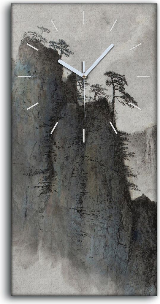 Wandkunst Leinwand Bild Uhr 30x60 Malerei Asiatische Berge Nebel Bäume - weiße Hände
