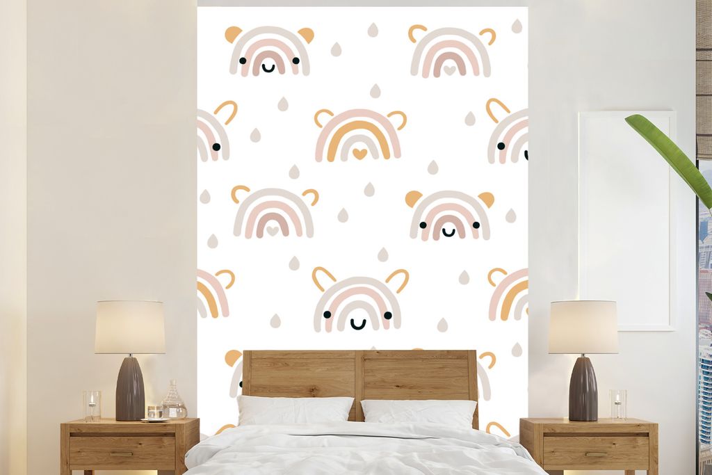 MuchoWow Fototapete für Wohnzimmer oder Schlafzimmer Wandtapete Vinyl Motivtapete Muster - Regenbogen - Gesicht - 145x220 cm - Wanddekoration
