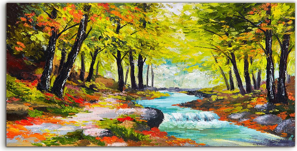 Coloray Canvas 140x70 Wandbild Leinwand Bilder Malerei Landschaft Fluss im Herbstwald