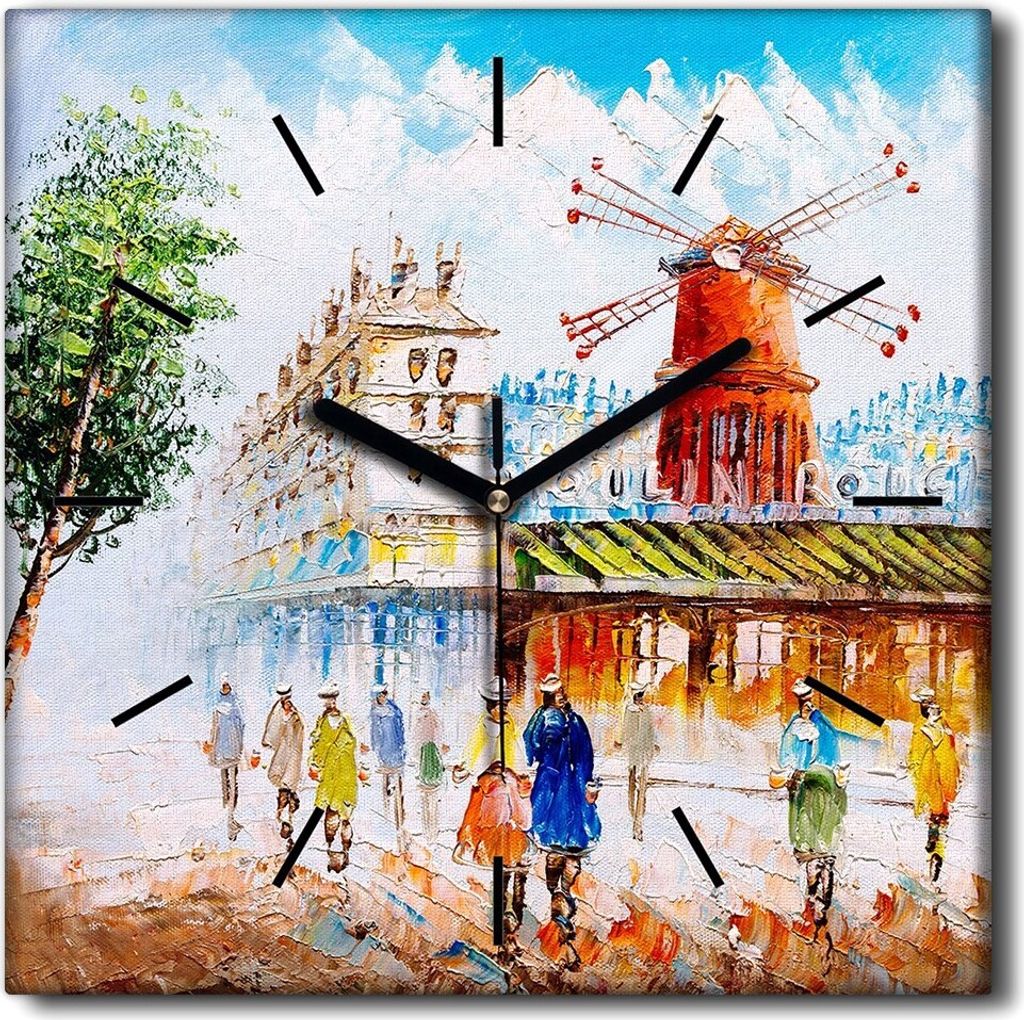 Coloray Uhr auf Leinwand 30x30 cm Wand Uhr Dekoration Wohnzimmer Segeltuch schwarze Hände -Mühle von Paris Frankreich