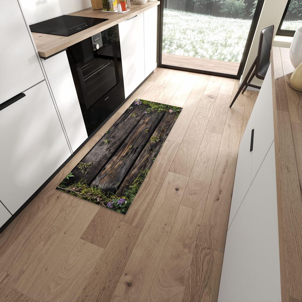 Küchenteppich 60x150cm rutschfest & abwischbar PVC Läufer - Holz mit Blumen