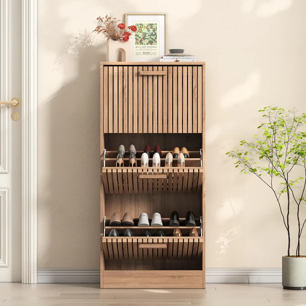 Scarpiera ProximaX con scomparti pieghevoli, look legno, design rattan, cassettiera per corridoio e ingresso, ribalta scarpe salvaspazio