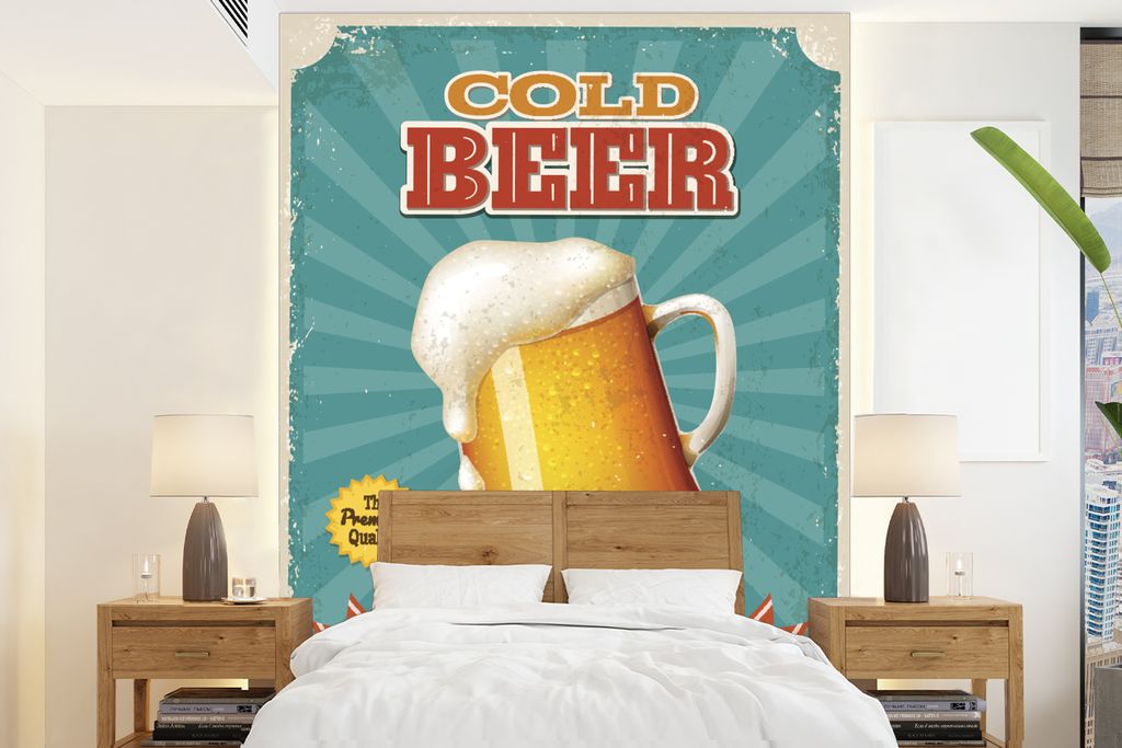 MuchoWow Fototapete für Wohnzimmer oder Schlafzimmer Wandtapete Vinyl Motivtapete Mannshöhle - Bier - Vintage - Banner - 190x260 cm - Papiertapete
