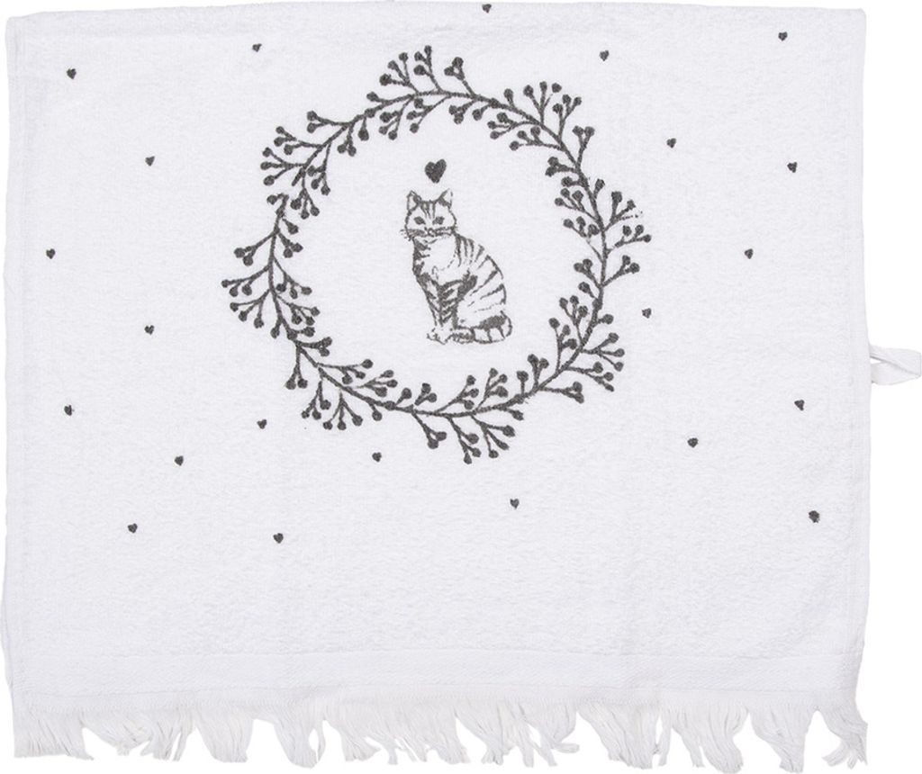 Clayre & Eef Gästehandtuch 40x66 cm Weiß Baumwolle Katze Produktbild 