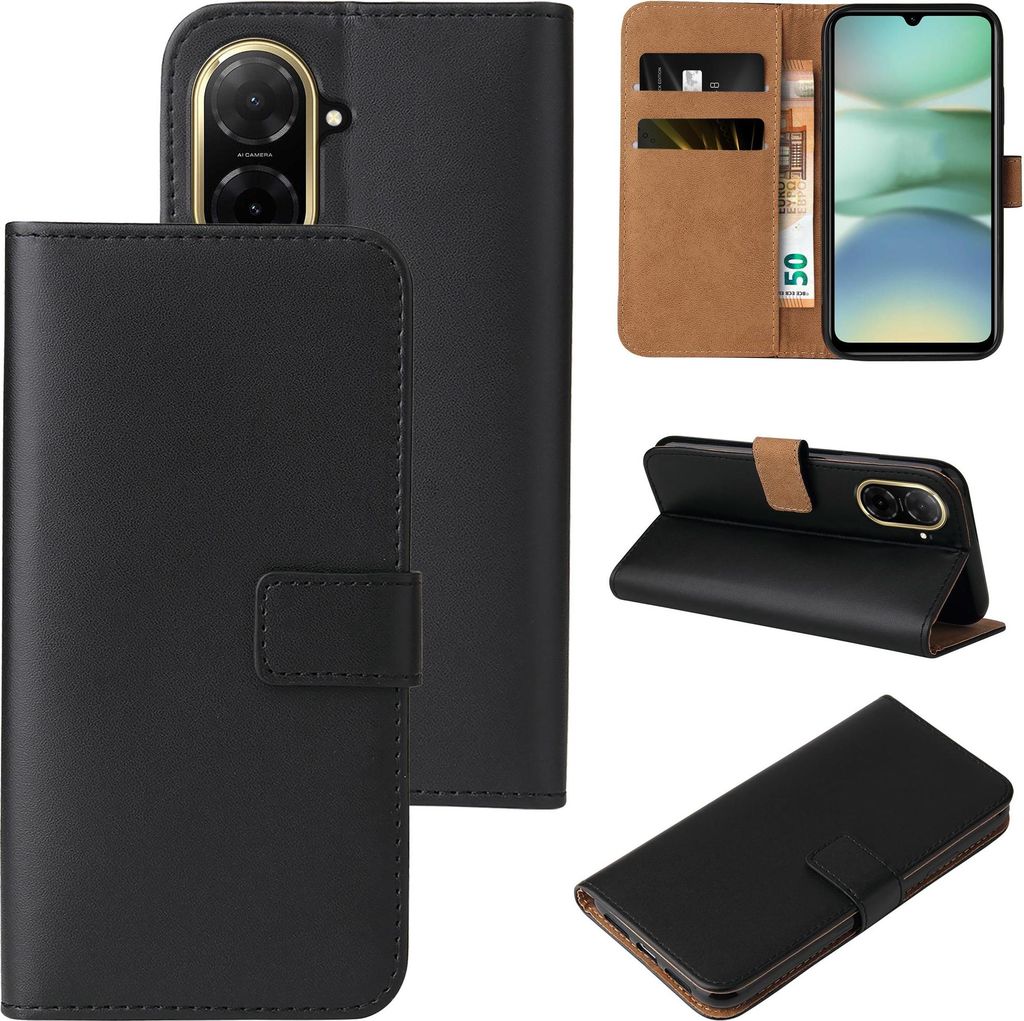 Collage of images showing a black flip phone case for a Xiaomi Redmi A5, including its interior card slots and how it can be used as a stand.
