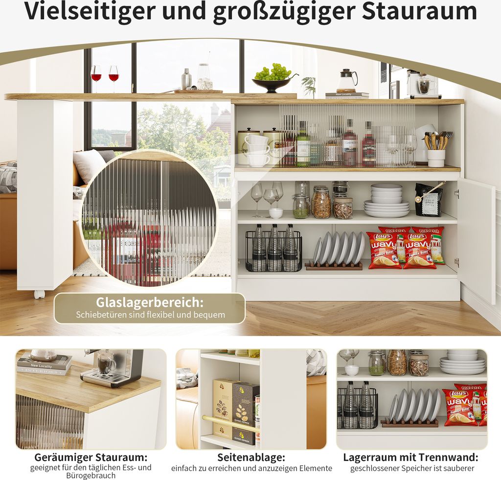 Lahoomu Dreh-Sideboard 90x45x100cm - 360° Drehbar Mit Glasschiebetür