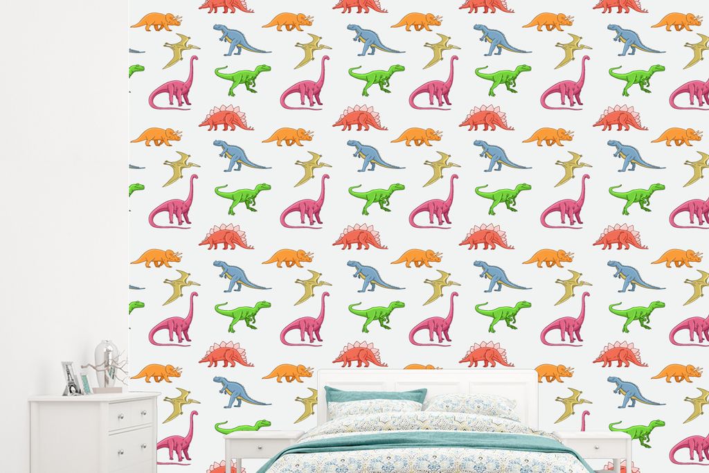 MuchoWow Fototapete für Wohnzimmer oder Schlafzimmer Wandtapete Vinyl Motivtapete Muster - Dino - Kinder - Farben - Kinder - Junge - 245x220 cm ...