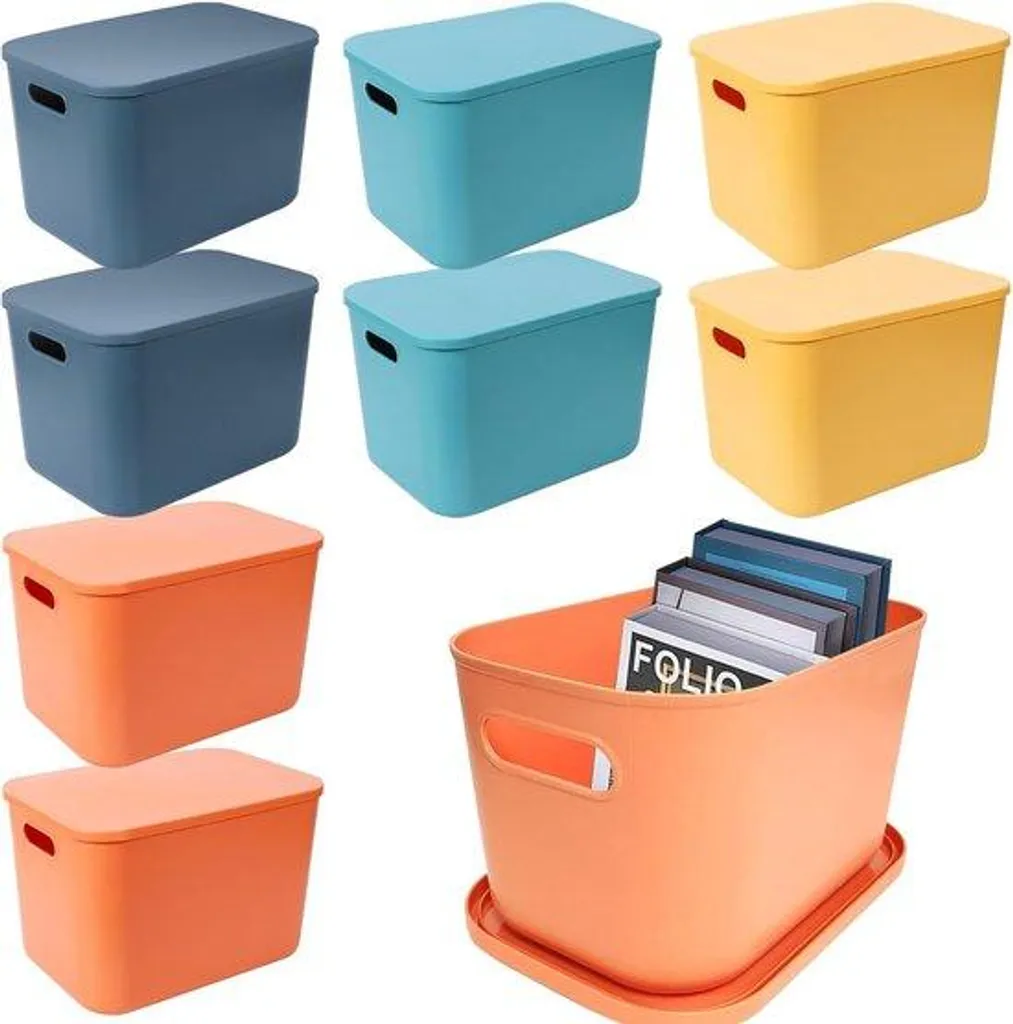 Bacs de rangement empilables colorés pour organisation bureau et cuisine