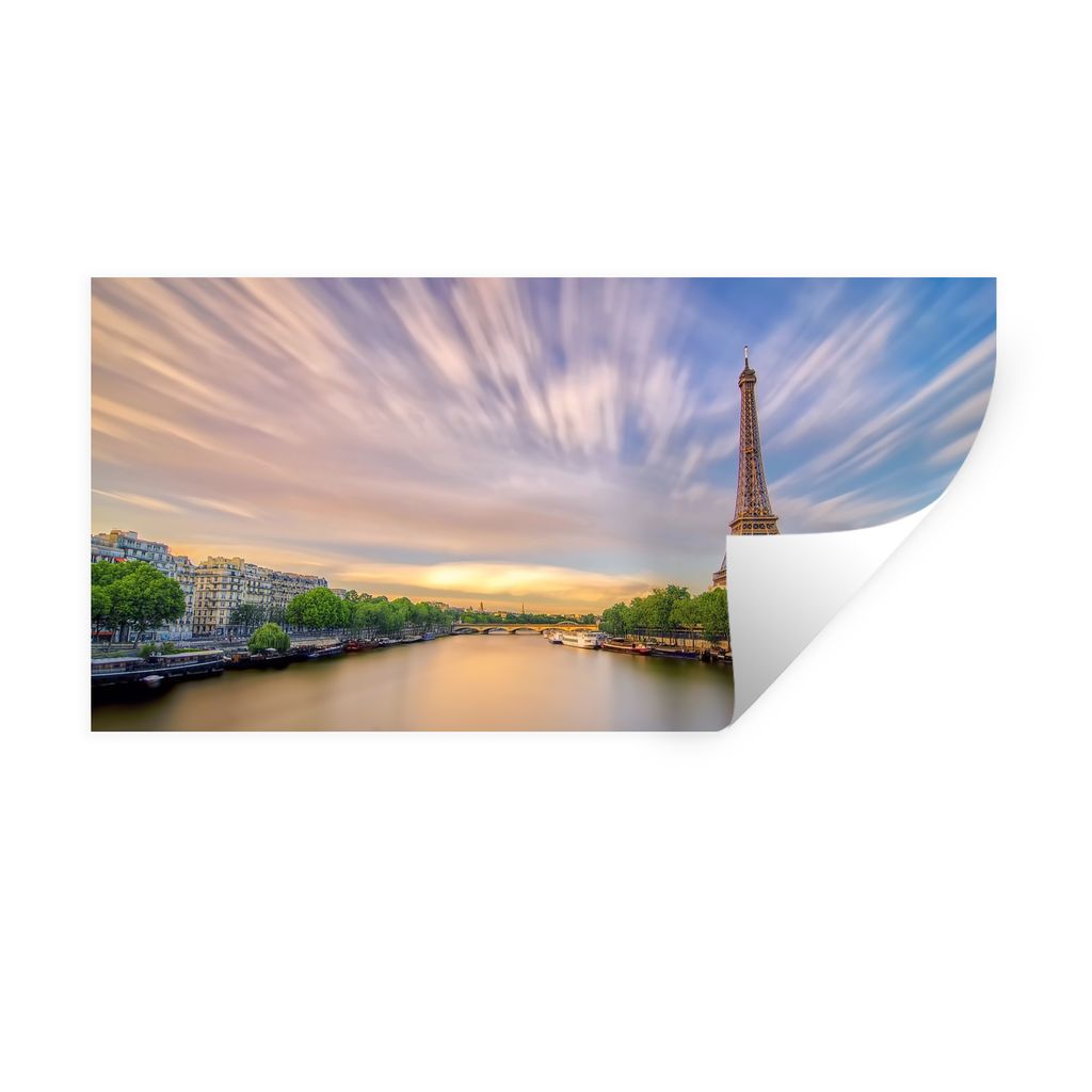 MuchoWow Wandtattoo Wandsticker Wandaufkleber Farbenprächtige Wolken und der Eiffelturm in der Ferne 80x40 cm Selbstklebend und Repositionierbar...