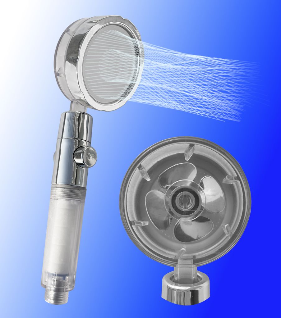 A shower head with water spraying from it, and a separate shower head base.