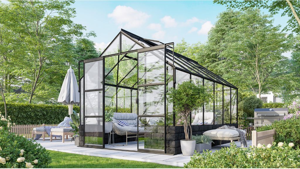 Vitavia Gewächshaus "Cassandra 9900" schwarz 9,9 m² mit Sockelmauer in basalt, 3 mm ESG