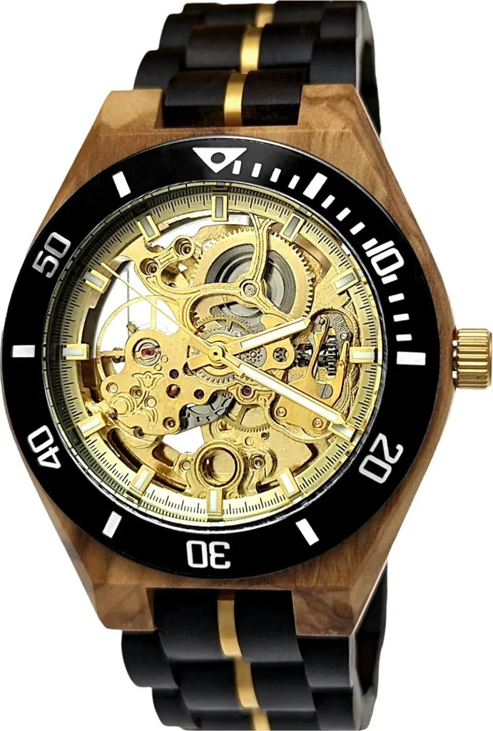 Montre automatique Holzwerk CALAU en bois noir et doré pour homme
