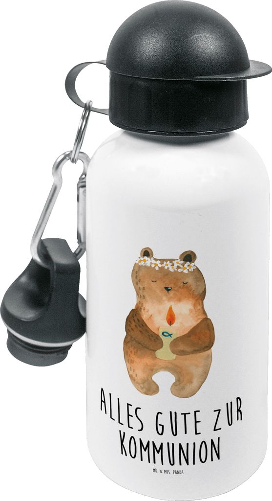 Mr. & Mrs. Panda Wasserflasche Bär Kommunion - Weiß - Geschenk, Katholisch, Sportflasche, Trinkflasche für den Kindergarten, Kinder, Taufkerze, ...