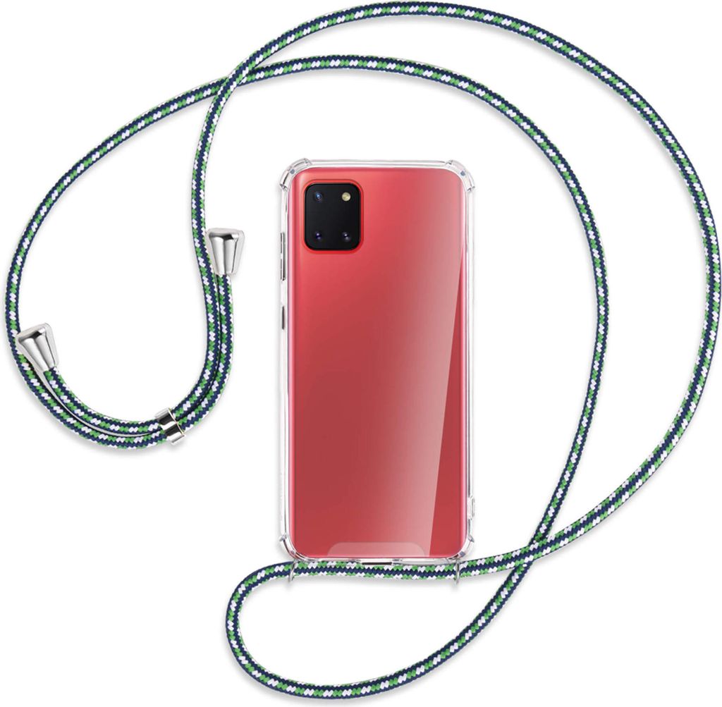 Handykette Backcover-Schutzhülle mit Band (Metall silberfarben) für Samsung Galaxy Note 10 Lite - grün/blau/weiß