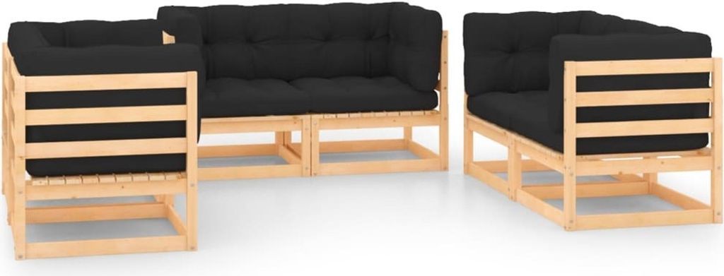 Möbel 6-tlg. Garten-Lounge-Set mit Kissen Massivholz Kiefer - Balkonmöbel 3083765