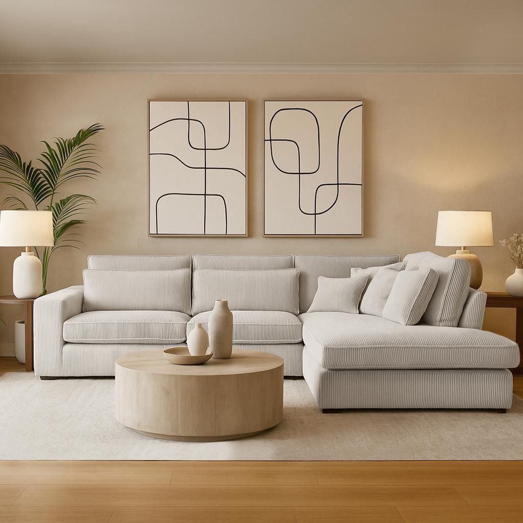 BEAUTYSOFA | Designer - Ecksofa PARMA, L-Form Eckcouch mit Ottomane links, Modernes Sofa Velours Soft Touch in Hellbeige mit Kissen