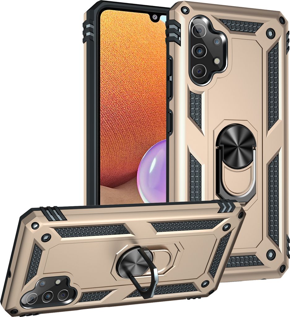 LaimTop Schutzhülle für Samsung Galaxy A32 4G, Dual Layer Robust Militäre Fallschutz Hülle mit Ringhalterung Ständer Gold