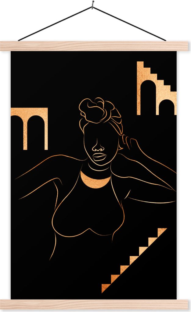 MuchoWow Textilposter Frau - Gold - Strichzeichnung 40x60 cm mit holzfarbenen Rahmen - Poster