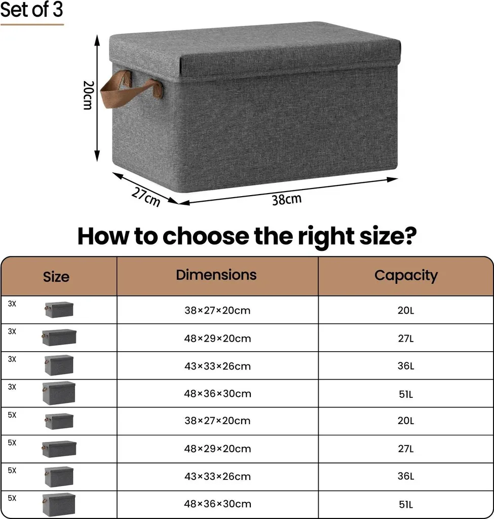Rangement vêtements et couvertures : 3 boîtes pliables 36L avec couvercles - 4