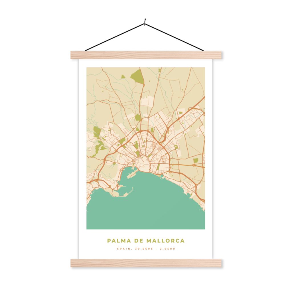 MuchoWow Textilposter Karte - Mallorca - Stadtplan - Vintage 40x60 cm mit holzfarbenen Rahmen - Poster