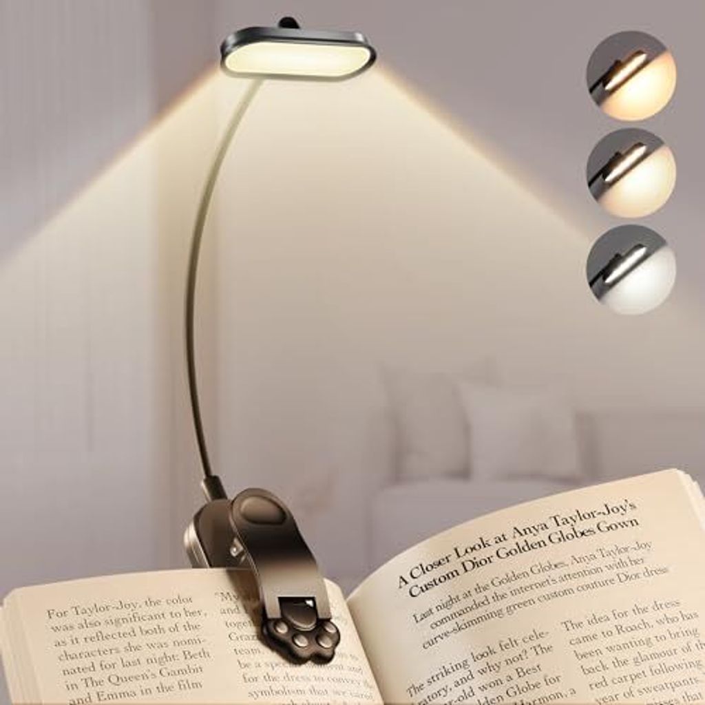 Leselampe Buchklemme, USB C wiederaufladbare 16 LEDs, 3 Farbtemperaturmodi und kontinuierliche Helligkeit Klemmlampe, 360 ° flexible Nacht im Bett
