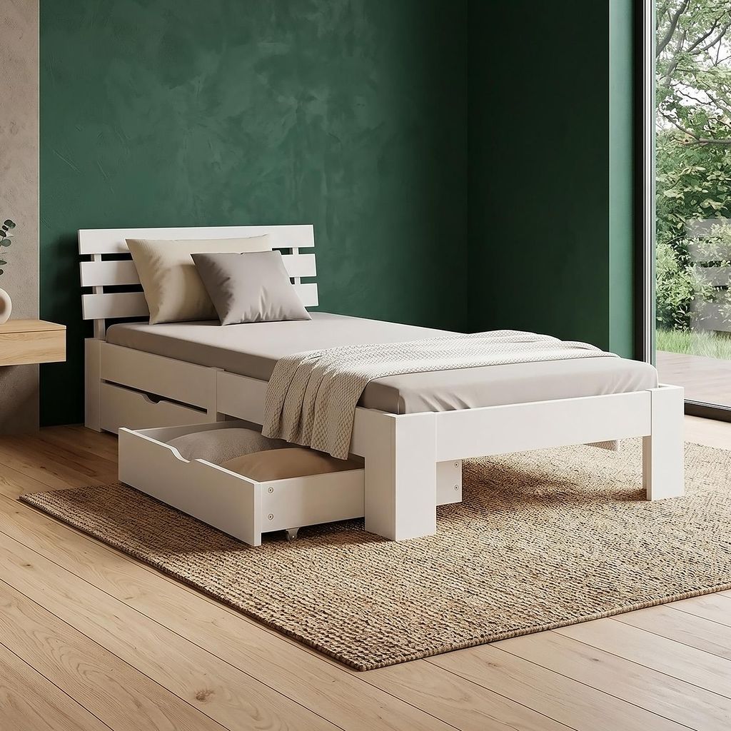 Homestyle4u Holzbett 90x200 mit 2 Schubladen Weiß Produktbild 