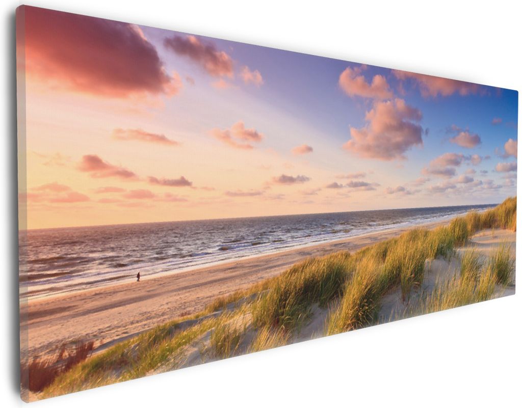 Wallario Premium Leinwandbild Abendspaziergang am Strand - Sonnenuntergang über dem Meer in Größe 30 x 75 cm