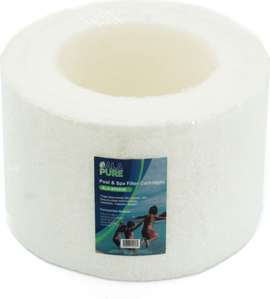 A white pool and spa filter cartridge wrapped in plastic, with a label showing children jumping into water.