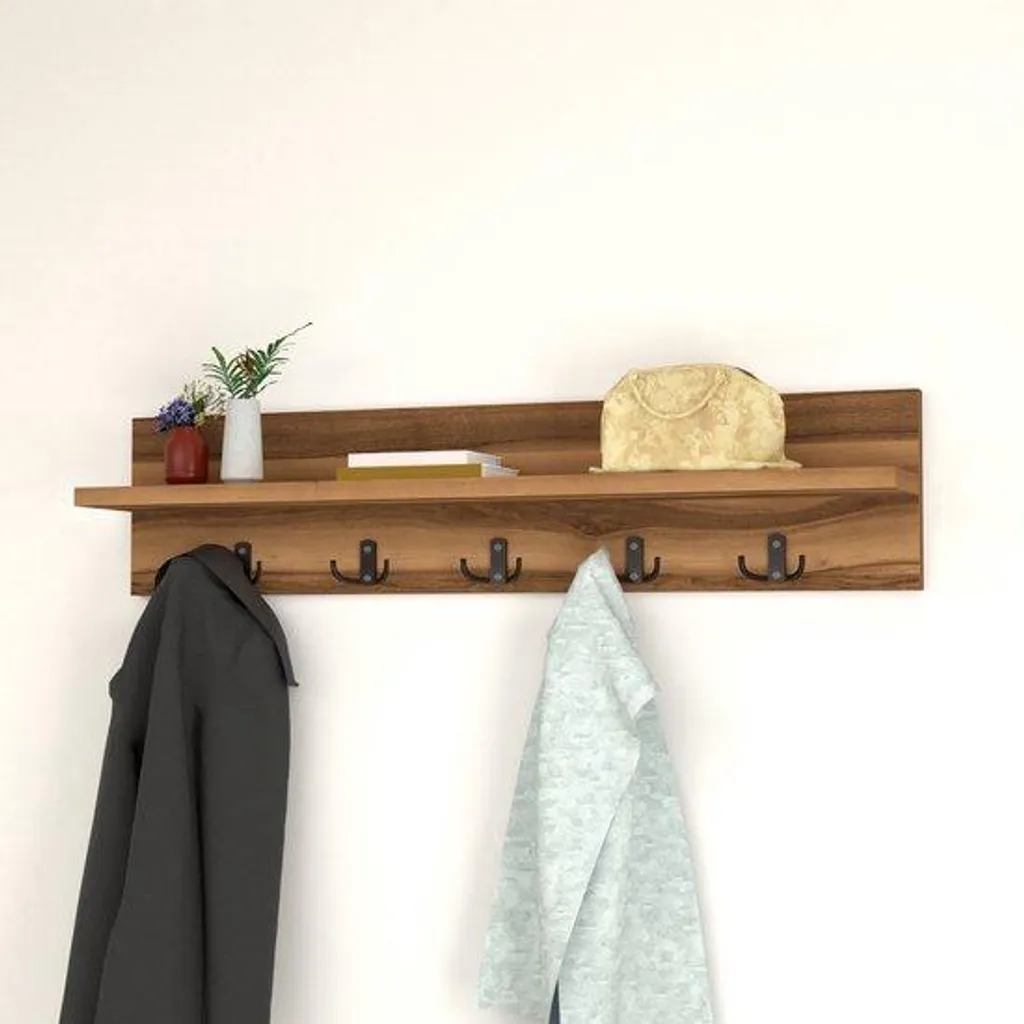 Portemanteau 80 cm aspect noyer ocre avec 10 patères métal noires