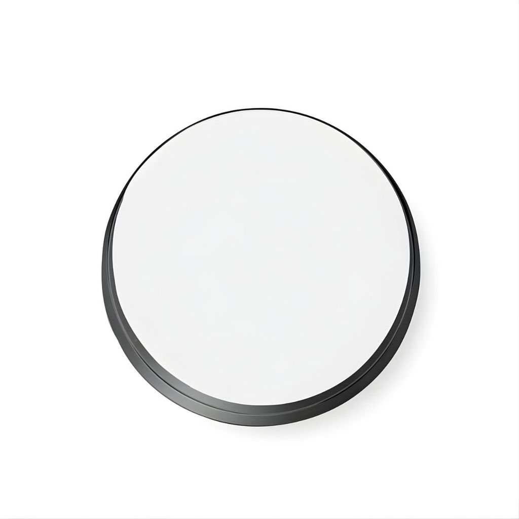 A round mirror with a black frame on a white background.
