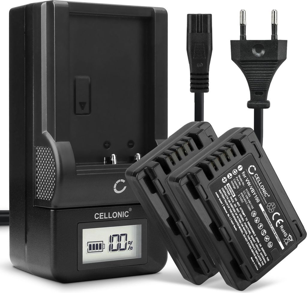 CELLONIC 2x Akku für Kamera Kompatibel mit Panasonic HC-V130, HC-V130K, HC-V201, VW-VBY100 - (850mAh, 3.7V) + Ladegerät