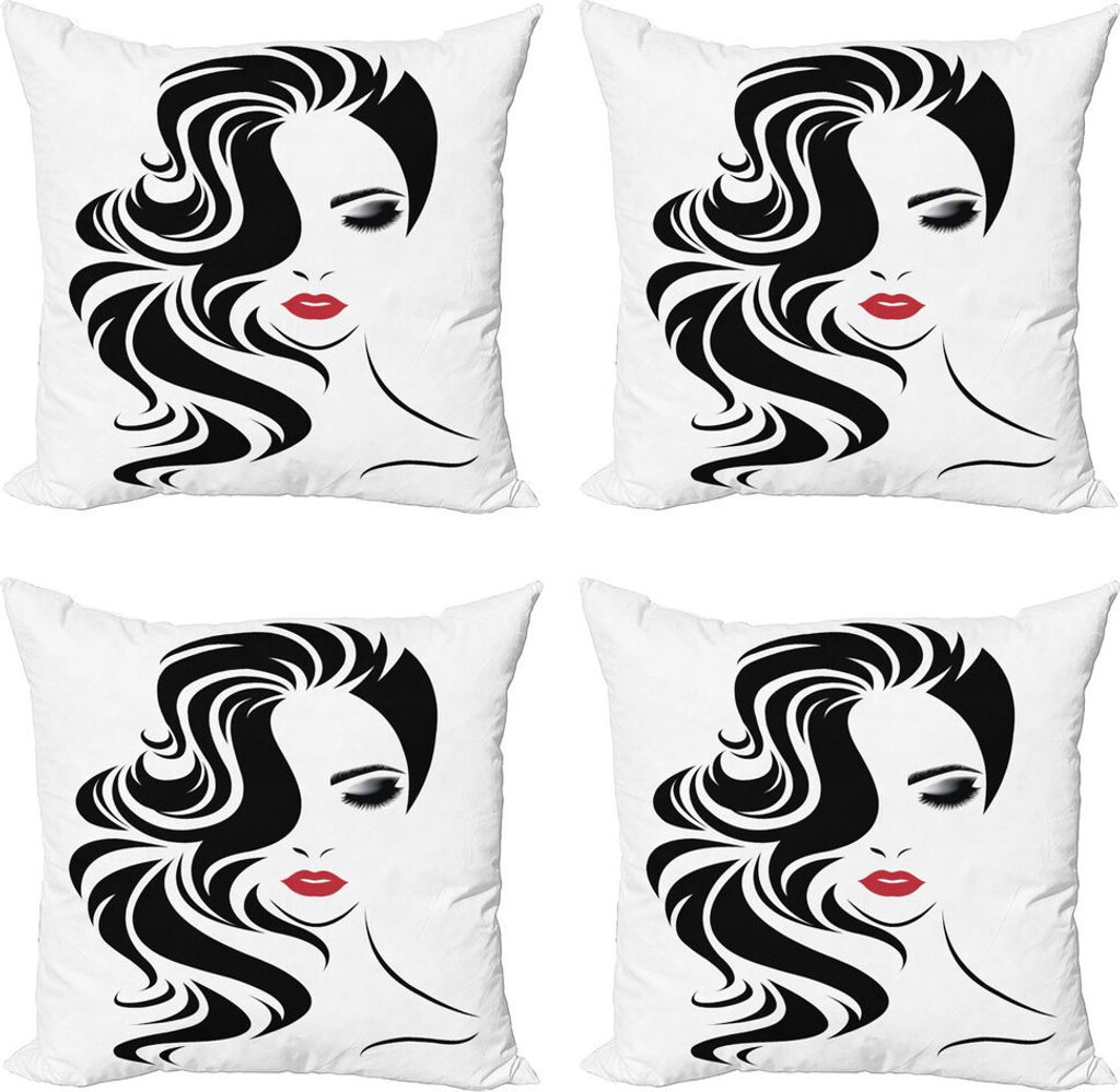 ABAKUHAUS Friseur Kissenbezug Set (4 Stück), Roter Lippenstift und Wellen, Moderner Doppelseitiger Digitaldruck, 50 cm x 50 cm, Vermilion Schwarz