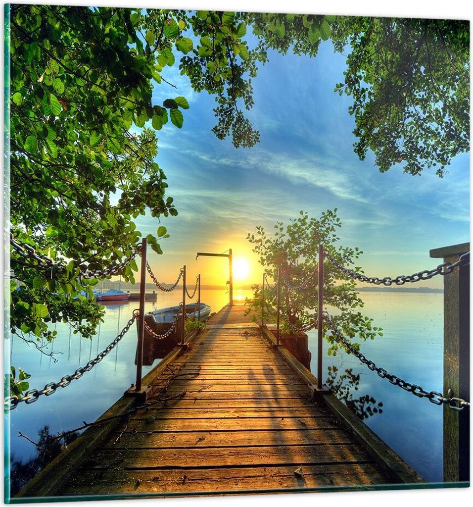 Bilder auf glas - See Sonnenuntergang Boot Landschaft - 40x40cm - Glasbilder - Wandbilder - Kunstdruck - Wanddekoration aus Glas - Glas Bilder - Wa...