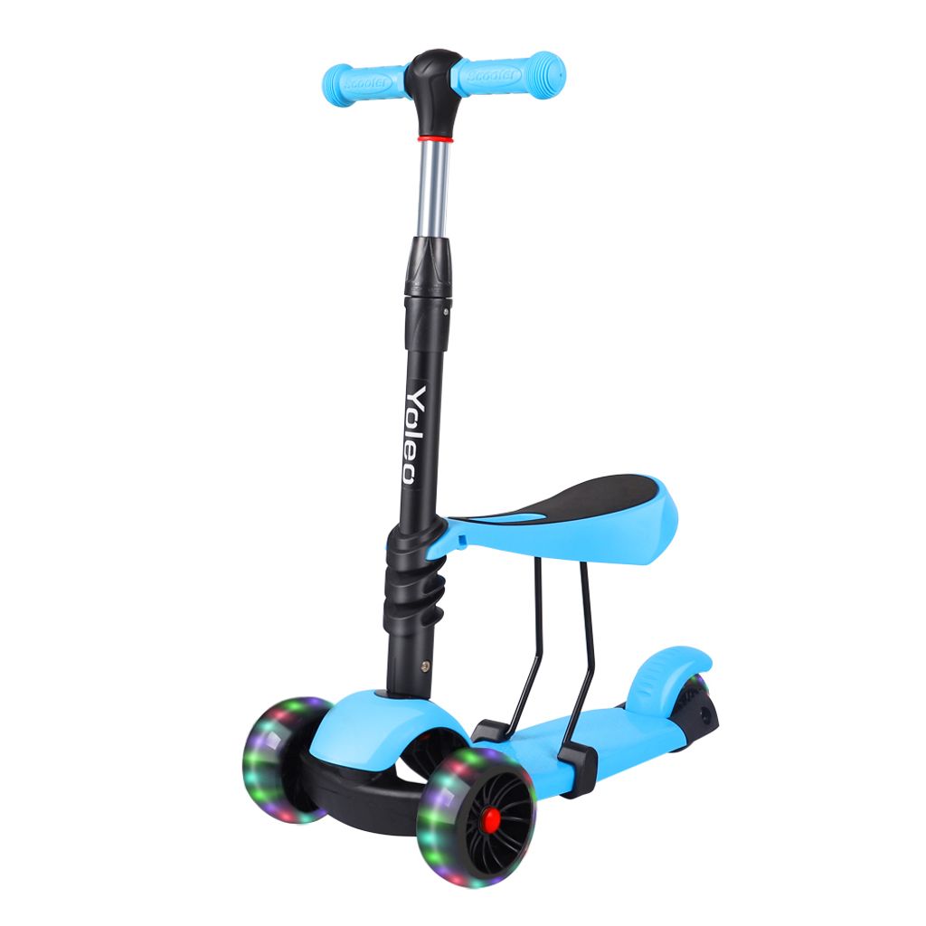 LED große Räder 5-in-1 Blau Yoleo 3-in-1 Kinder Roller Scooter mit Abnehmbarem Sitz Höheverstellbare Lenker für Kleinkinder Jungen Mädchen ab 2 Jahre