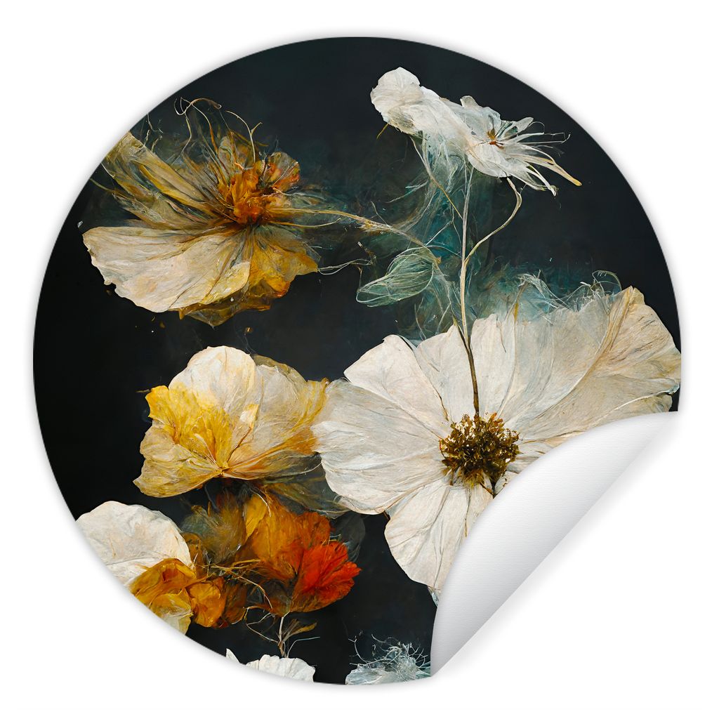 MuchoWow Runde Wandtattoo - Wandsticker Tapete Aufkleber Blumen - Pflanzen - Schwarz - Weiß Ø 100 cm Selbstklebend und Repositionierbar - Wanda...
