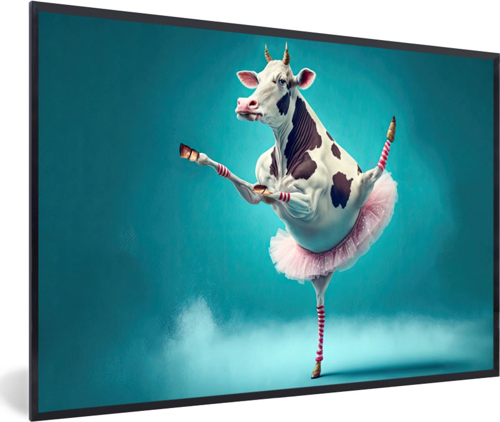 MuchoWow Gerahmtes Poster Kuh - Ballett - Porträt - Blau - Tiere 30x20 cm - Poster mit Schwarzem Bilderrahmen Wandposter Rahmen Foto Bilder - Ku...