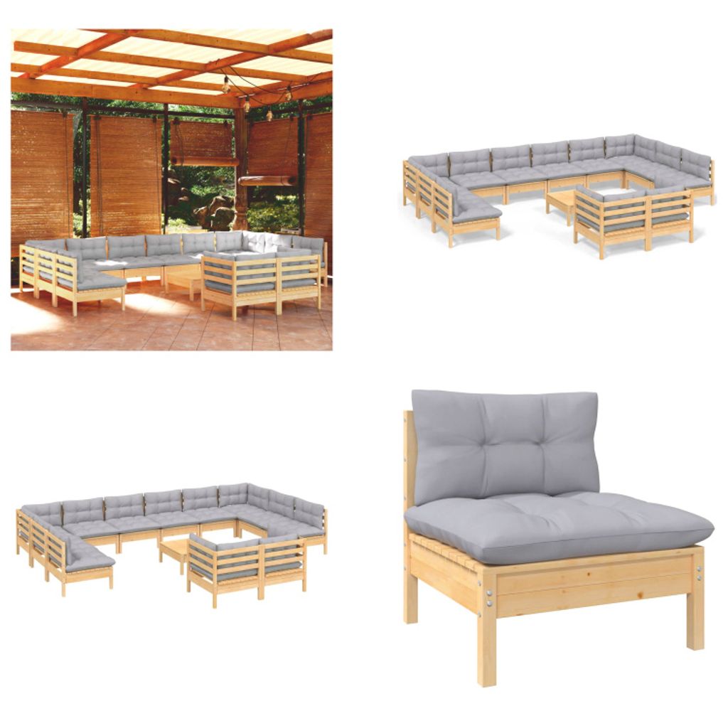 vidaXL 13 tlg. Garten Lounge Set mit Grauen Kissen Kiefernholz - Garten-Lounge-Set - Garten-Lounge-Sets - Gartenmöbel-Set - Gartenmöbel-Sets