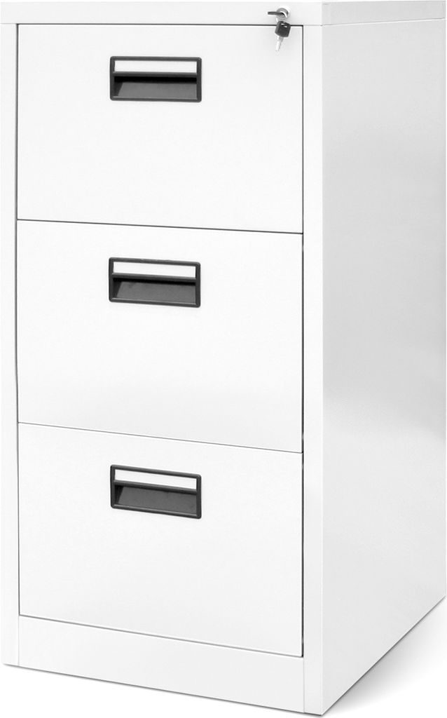 A white metal filing cabinet with three drawers.