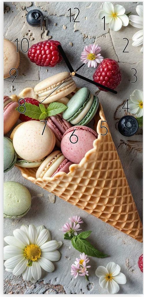 Wanduhr aus Glas mit Motiv Macarons im Sommer- 30 x 60 cm - inkl. Aufhängesystem