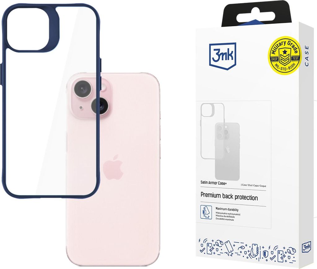 3MK Satin Armor Case+, Cover, Apple, iPhone 15, 15,5 cm (6.1"), Blau, Transparent