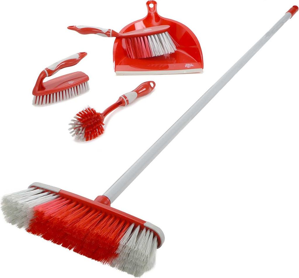 6-teiliges Reinigungs-Set, Besen mit Edelstahl-Stiel (ca. 82/117 cm), Handfeger mit Schaufel, Spülbürste und Scheuerbürste, je mit weichen Borsten