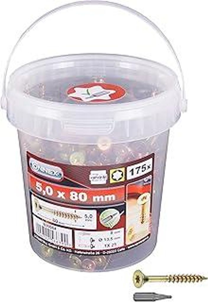Connex Universalschrauben 5,0 x 80 mm - 175 Stück im Set - Senkkopf - TX-Antrieb - Teilgewinde - Gelb verzinkt - Inkl. Bit / Schrauben-Set / Schra...