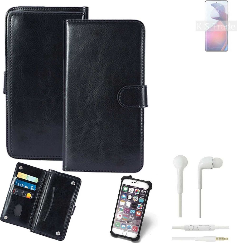 K-S-Trade 360° Hülle kompatibel mit Motorola S30 Pro inkl. Headphones schwarz Kunstleder Case BookCase WalletCase Kunstlederederhülle Handyhülle,